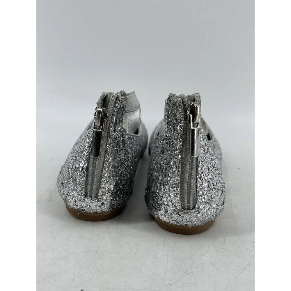 Nova Utopia Round Toe Silver Glitter Dress Flats Ankle Strap Zip Shoes Size 3